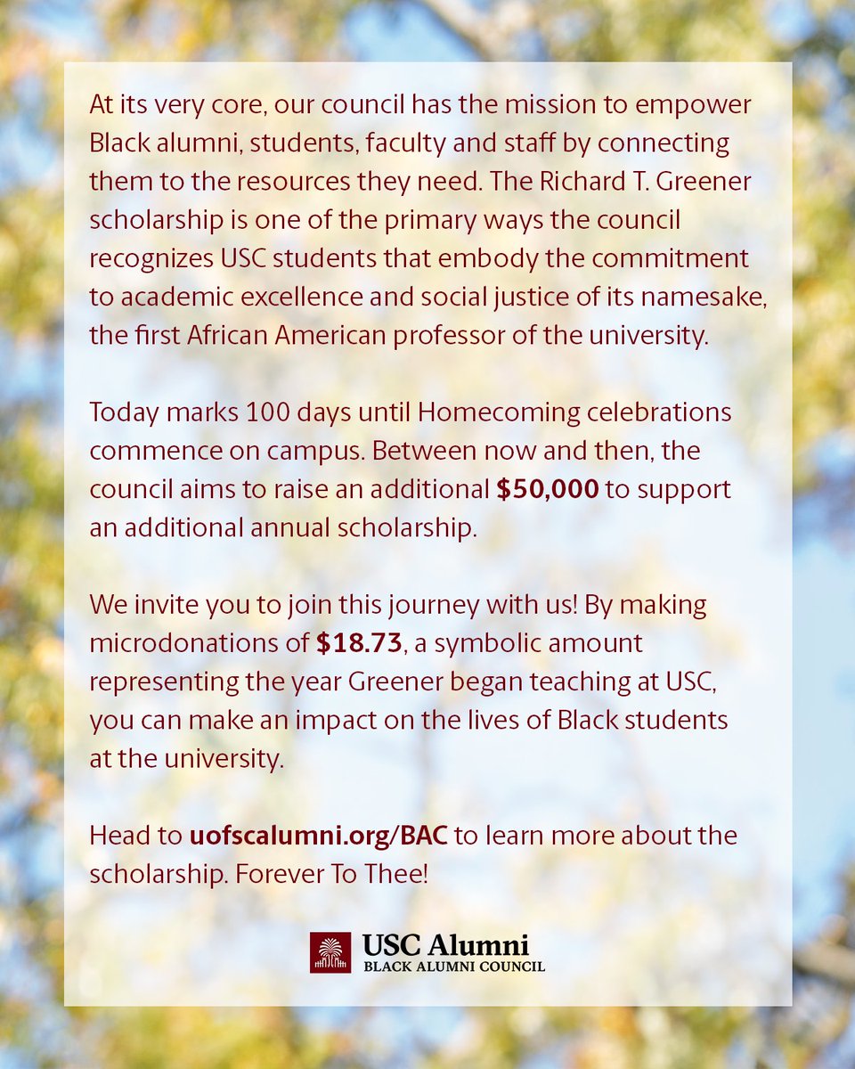 UofSCBAC's tweet image. Aiming ever higher. 🤙🏾
Starting today, we're beginning our journey to support an additional annual Richard T. Greener Scholarship. You can make an impact between now and #GamecockHomecoming by giving at uofscalumni.org/bac.
