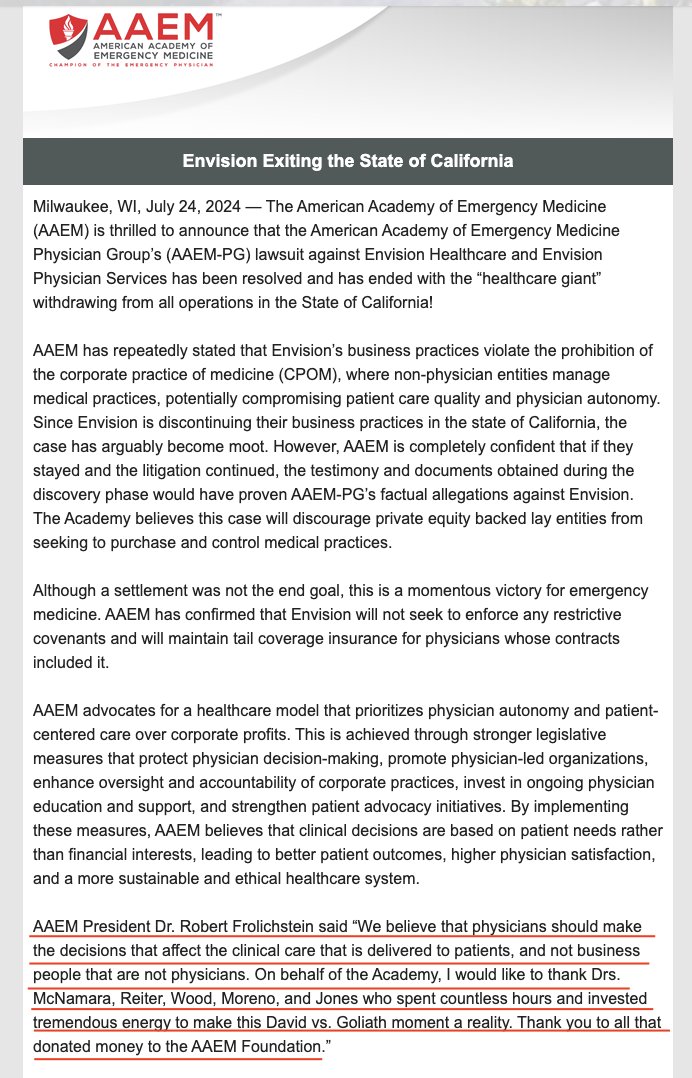 PHYSICIANS!! If you hate the corporate practice of medicine(CPoM), you will love this! Envision(formerly EmCare), is exiting California, thanks to the lawsuit by AAEM-PG. Envision has been entrenched in CA forever, so this is significant. I, as a CA resident, am tickled pink.