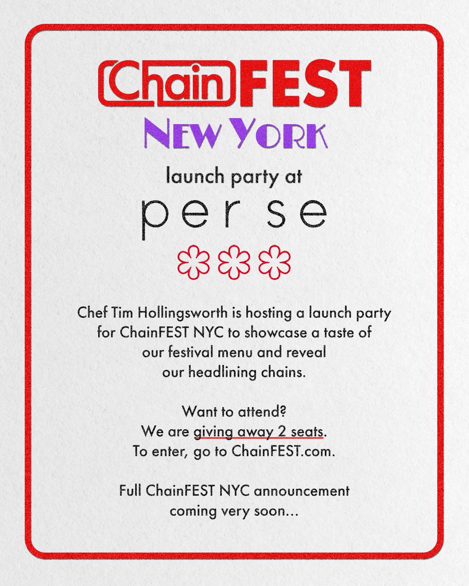 eatatchain's tweet photo. Hellooo NYC 🗽🍎🚖 ChainFest is coming to NYC this fall, and you have the chance to attend the launch party at @PerSeNY! Sign up here: https://t.co/Jl6EidlOyY https://t.co/d3D1qGrfZs