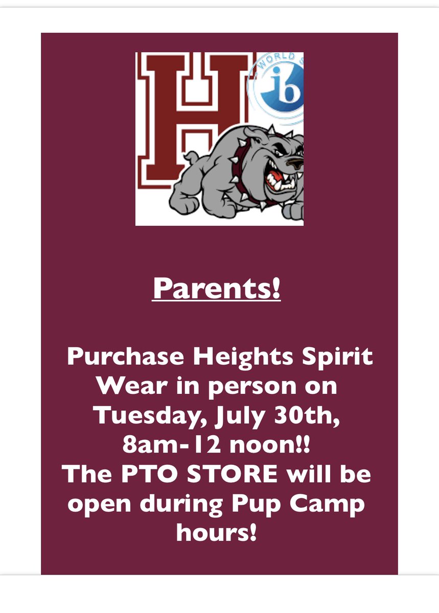 ¡Padres!  Compra ropa de Heights en persona el martes 30 de julio, de 8 a.m. a 12 del mediodía.
¡La tienda del PTO estará abierta durante el horario de Pup Camp!