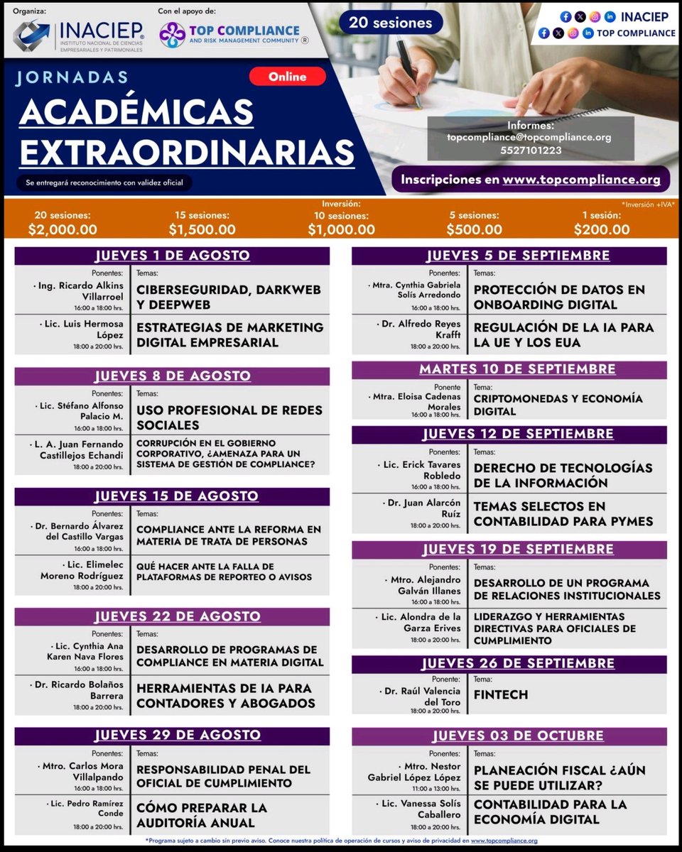 🚨¡Inscríbete a nuestras Jornadas Académicas Extraordinarias 2024!🚨
Adquiere con grandes ponentes, conocimientos de actualidad en Compliance, PLD, Derecho Digital, entre muchos otros.
Informes: topcompliance@topcompliance.org o +52 (55) 2710 1223
 topcompliance.org/jornadas-acade…