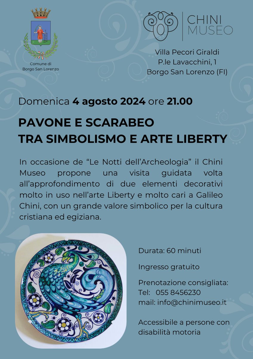 ChiniMuseo's tweet photo. Al Chini Museo domenica 4 agosto alle ore 21.00 in occasione de 'Le Notti dell'Archeologia',  visita guidata gratuita dal titolo "Pavone e scarabeo tra Simbolismo e arte Liberty". 
Prenotazione consigliata:  055 8456230   oppure info@chinimuseo.it https://t.co/2FuV4IcL8v