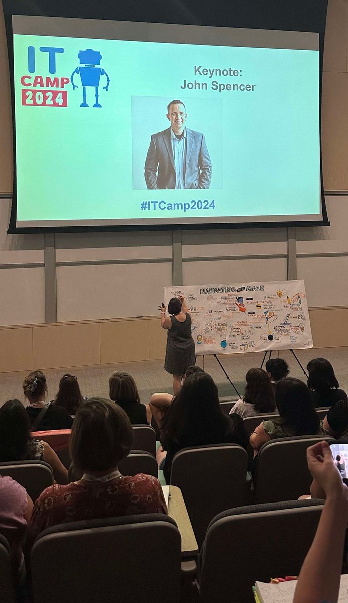 peterfday6's tweet photo. Great message from the keynote @spencerideas at #ITCamp2024! In an age of emerging AI technology we need teachers more than ever to help guide, inspire and motivate students. #MakerMindSet https://t.co/iskjLn5sZE