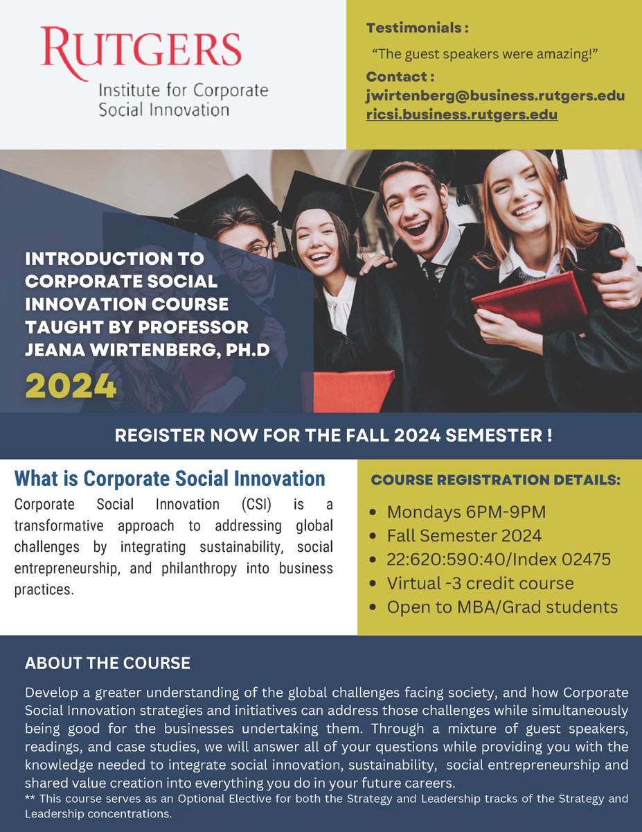 Learn what Corporate Social Innovation is &amp; how to address global challenges by integrating it into business practices. Register now for our Intro to Corporate Social Innovation course! 

ricsi.business.rutgers.edu/sites/default/…

<a href="/RutgersBSchool/">RU Business School</a> <a href="/rbs_mba/">Rutgers MBA</a> #corporatesocialinnovation