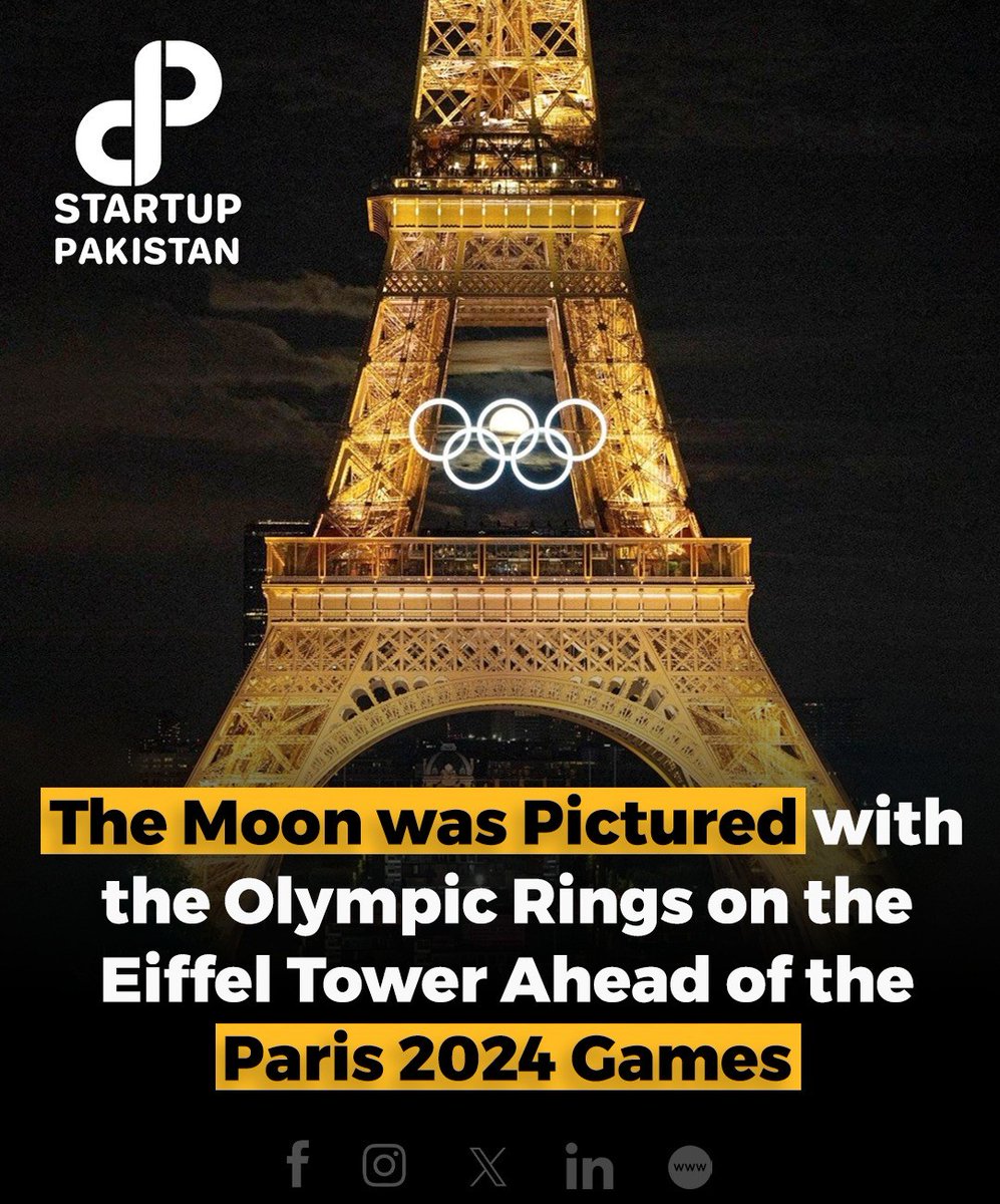 PakStartup's tweet photo. The Moon was Pictured with the Olympic Rings on the Eiffel Tower Ahead of the Paris 2024 Games.
#FullMoon #OlympicRings #CelestialSpectacle #SymbolicUnity #Olympics https://t.co/ieqjQDLk2z