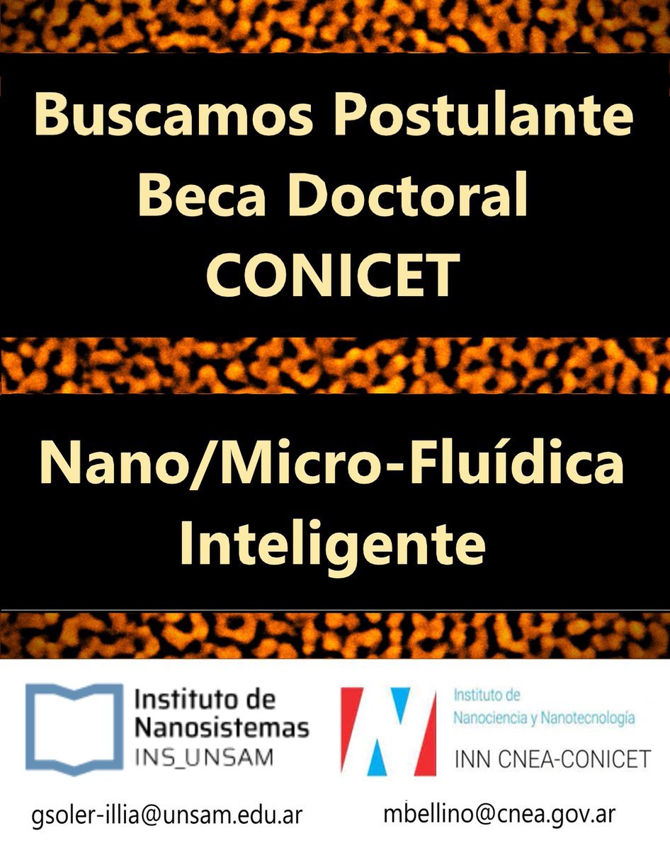 Martín G. Bellino (@martingbellino) on Twitter photo Con el gran Galo Soler-Illia <a href="/dr_kuato/">Galo Soler Illia ⭐️⭐️⭐️</a> buscamos postulantes para Beca CONICET en la aventura de Nano/Micro-Fluídica Inteligente:
⏩Control de fluidos con herramientas de nanotecnología
⏩Desarrollo de procesos bioinspirados
Si se animan manden CV a los mails de contacto Con el gran Galo Soler-Illia <a href="/dr_kuato/">Galo Soler Illia ⭐️⭐️⭐️</a> buscamos postulantes para Beca CONICET en la aventura de Nano/Micro-Fluídica Inteligente:
⏩Control de fluidos con herramientas de nanotecnología
⏩Desarrollo de procesos bioinspirados
Si se animan manden CV a los mails de contacto