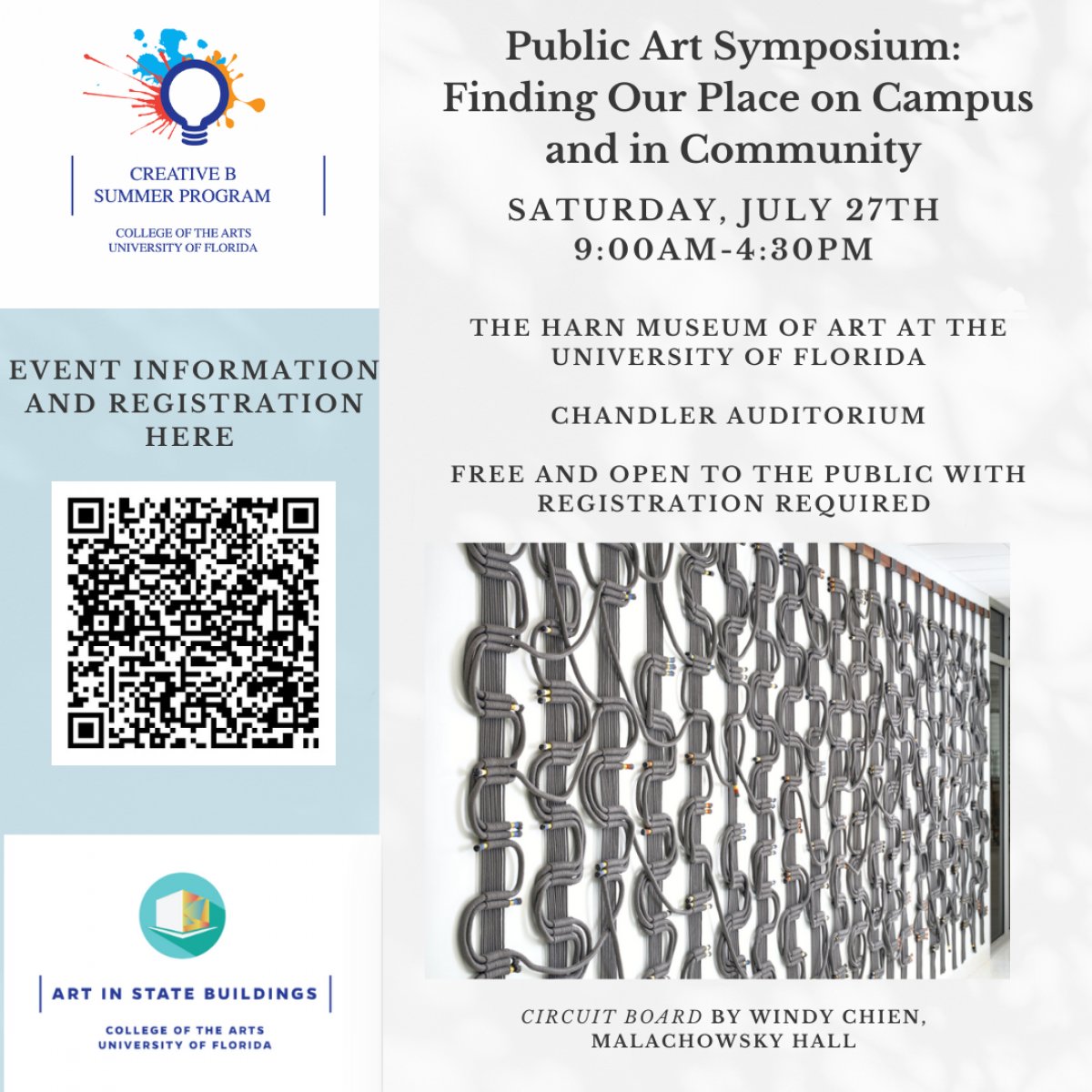 Join us at <a href="/HarnMuseumofArt/">Harn Museum of Art</a> 7/27 9am-4:30pm for the Public Art Symposium! Conversations, artmaking, and campus public art tour. 

Presenters include <a href="/UF/">FLORIDA</a> faculty &amp; staff <a href="/PorchiaMuseM/">Dr. Porchia Moore</a> and Oaklianna Caraballo; GNV artist Yvonne Ferguson. Keynote by artist/<a href="/VCU/">VCU</a> alum Nastassja Swift.