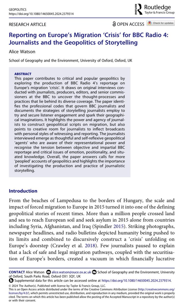 📣 Very happy to share my new article which has been published online today in the journal of #Geopolitics. 

Reporting on Europe’s Migration ‘Crisis’ for BBC Radio 4: Journalists and the Geopolitics of Storytelling 📻

It’s open access, so free to read: tandfonline.com/doi/full/10.10…