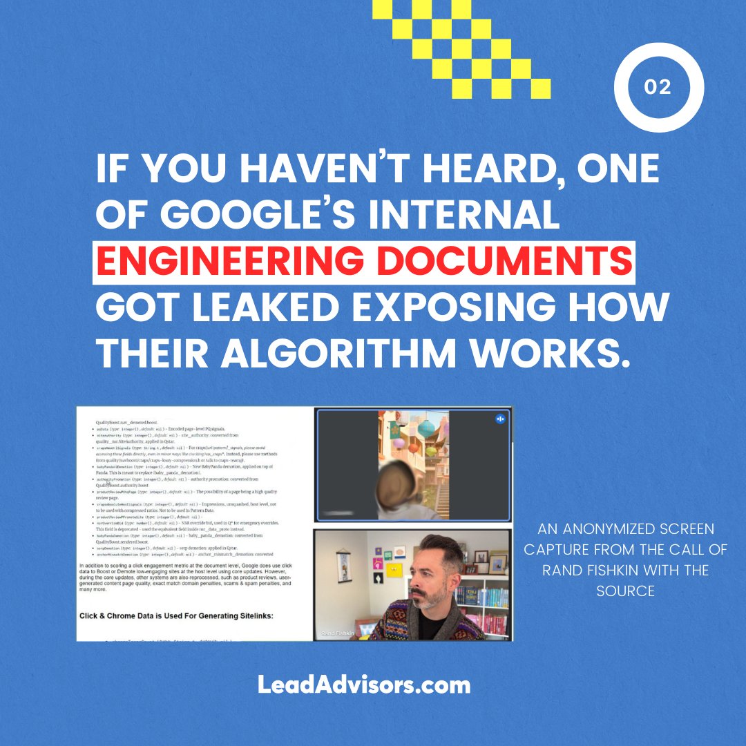 lead_advisors's tweet image. Google's Algorithm Secrets Revealed!
A recent leak exposed key details about Google's algorithm. Here's how you can boost your SEO:
📈 Need help? Request a free site audit! Schedule a free strategy call today!
#SEO #GoogleAlgorithm #DigitalMarketing #SitePerformance #SEOtips