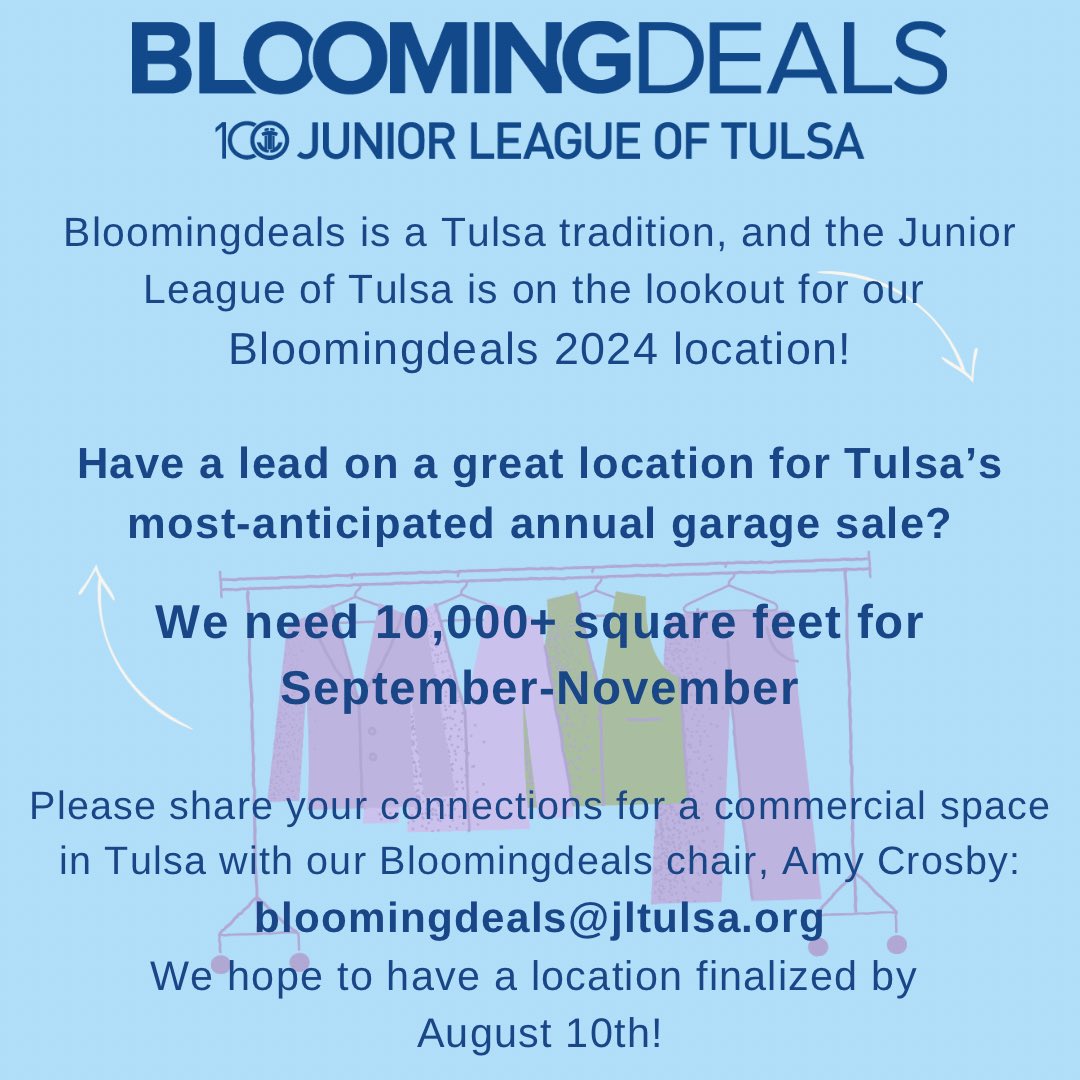 JLTulsaInc's tweet photo. We are ramping up for Tulsa’s most anticipated annual garage sale and looking for a 10,000 square-foot plus commercial space for September through November. Please email bloomingdeals@jltulsa.org if you have any leads!  #Tulsa https://t.co/syJI9Okw8v