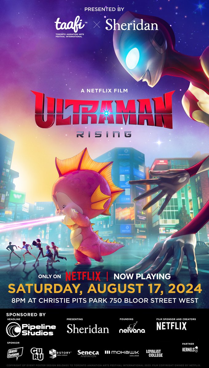 Get ready for an unforgettable night under the stars! 🌟 Join us on August 17 at 8 PM at Christie Pits Park for the TAAFI Cartoon Summer Screening of "Ultraman: Rising," in collaboration with Sheridan College. Bring your blankets and snacks! 🎬✨ #TAAFI #SummerScreening