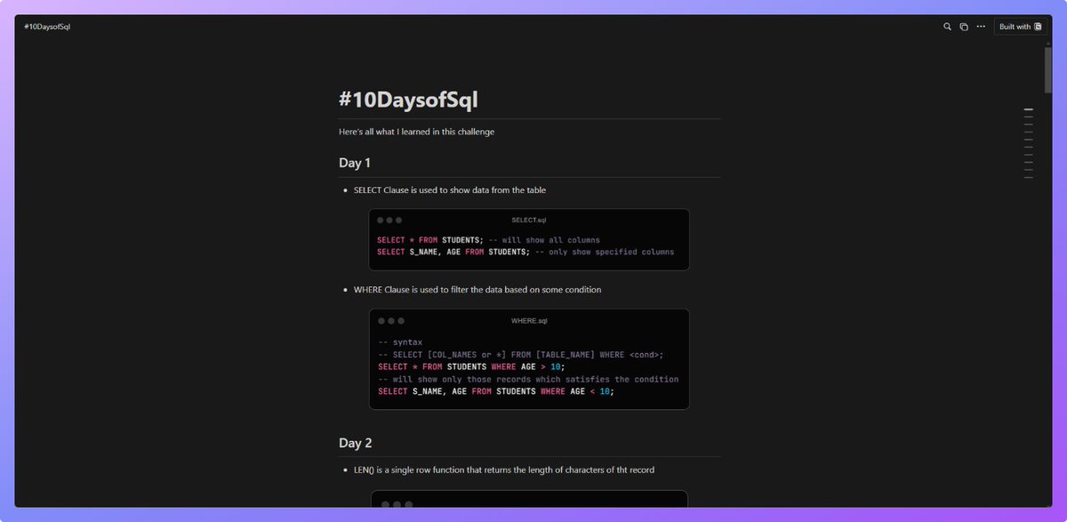 AkhileshGa64121's tweet image. Hi, I know it&apos;s Day 11 but I was busy making something for Day 10 of #10DaysofSql

so, here is Day 10 

👉 Made this little cheatsheet/what i did in 10 Days
👉 Notion Site - fallacious-drifter-0b8.notion.site/10DaysofSql-7a…

This was my first mini 10 Days challenge

Thanks @MainiCharvi 
#LetsGrowTogether