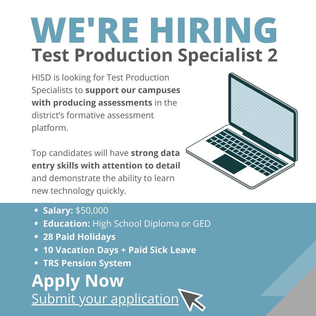 We are looking for great people to join our team to support with assessment production. Application Link ➡️apply.houstonisd.org/careers/job/17…