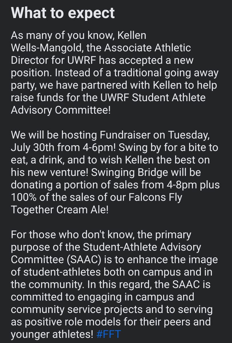 Very appreciative of my friends @ Swinging Bridge Brewing for hosting my going away fundraiser. If you are in the area July 30th, stop on by &amp; raise $ for UWRF SAAC!