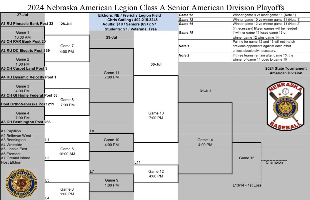 We are hosting the 2024 Nebraska American Legion Class A Senior American Division State Tournament starting on Saturday at Frerichs Legion Field!