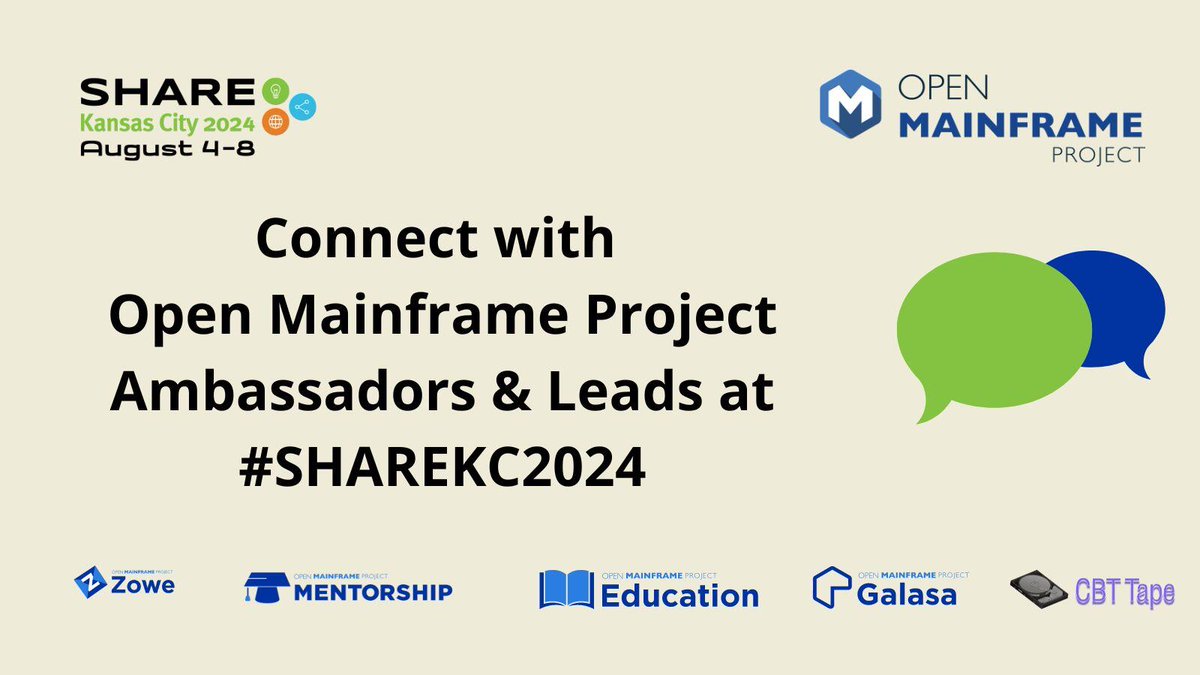 OpenMFProject's tweet image. Who is going to be at #SHAREKC2024?! @OpenMFProject #ambassadors will be on-site to present #Zowe, #Galasa, #Mentorship #MainframeOpenEducation, #CBTTape, #OpenTelemetry &amp;amp; more. Check out our sched: hubs.ly/Q02HQClQ0 @SHAREhq #OpenMainframe #SHAREKC #opensource