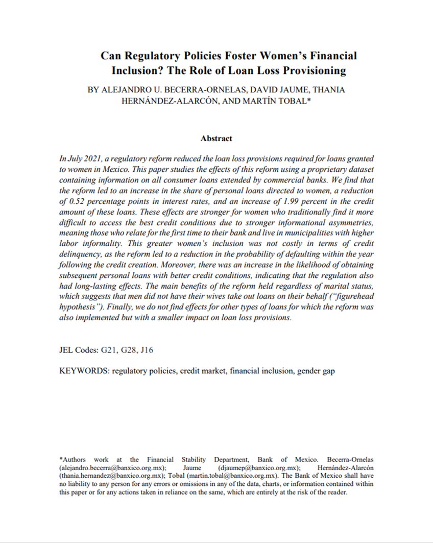 New Paper!🚨🇲🇽Evaluamos los efectos de una regulación que redujo las provisiones para préstamos otorgados a mujeres en México. La inclusión financiera se amplió sin costos en términos de morosidad crediticia.  <a href="/djjaume_econ/">David Jaume</a> <a href="/AlejandroUBO/">Alejandro Becerra Ornelas</a> <a href="/BereThh/">Thania Hernández -Alarcón</a> detalles; papers.ssrn.com/sol3/papers.cf…
