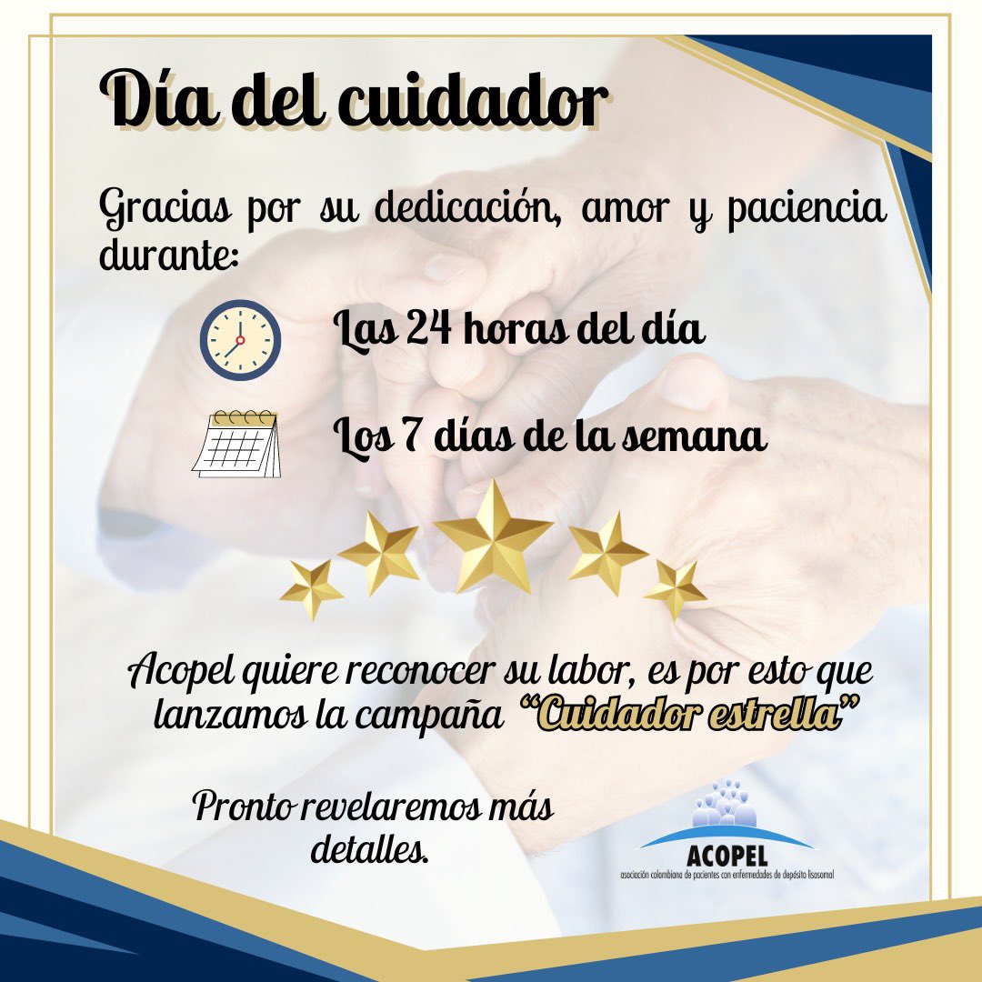 acopelcomunica's tweet photo. Queridos Cuidadores, gracias por entregar 24/7 su corazón y dedicación al cuidado de los pacientes con una enfermedad huérfana.
Manténganse #Conecta2 con Acopel para conocer pronto más detalles sobre nuestra campaña ⭐"Cuidador Estrella"⭐
#AcopelComunica #diadelcuidador https://t.co/DRPrJ6ddYH