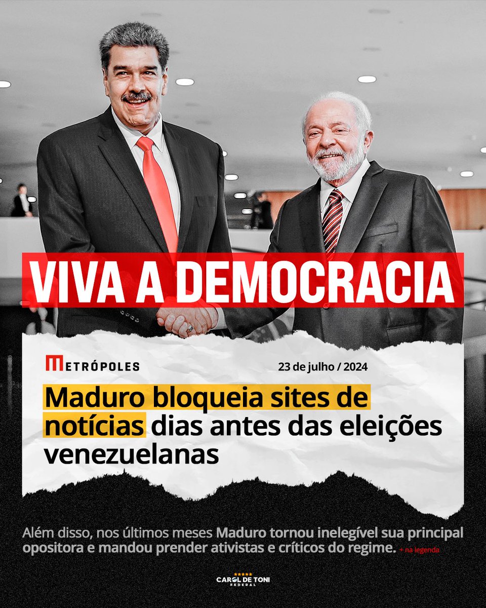 Nicolás Maduro, amigo de Lula, o mesmo que foi recebido com tapete vermelho  e “honrarias” no Brasil, bloqueou o acesso a site de notícias independentes  a cinco dias das eleições na Venezuela, image size:960x1200