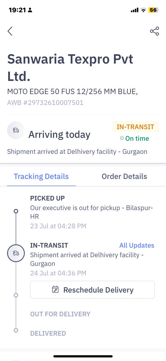 rajit_roger's tweet photo. On July 24, I had the worst experience waiting for a courier to be delivered by 
@delhivery. There no call center (executive) to help nor is there an accurate status update on the app.Order details are there in SS below. Please assist 
@delhivery
@motorolaindia
 &amp; @help_delhivery https://t.co/uGrp2S5gBK