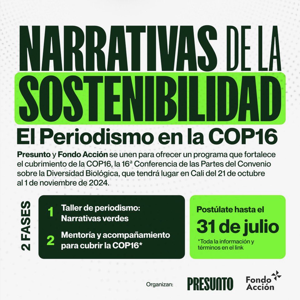 Periodistas que estén interesadas en cubrir la COP16, esta convocatoria está abierta:

fondoaccion.org/2024/07/16/nar…

<a href="/PresuntoPodcast/">Presunto</a> <a href="/SaraTrejos/">Sara💚</a> <a href="/paramoandres/">Andrés Páramo</a> <a href="/_JuanAlvarez_/">Juan Álvarez</a> <a href="/Rivas_Santiago/">Santiago Rivas</a>