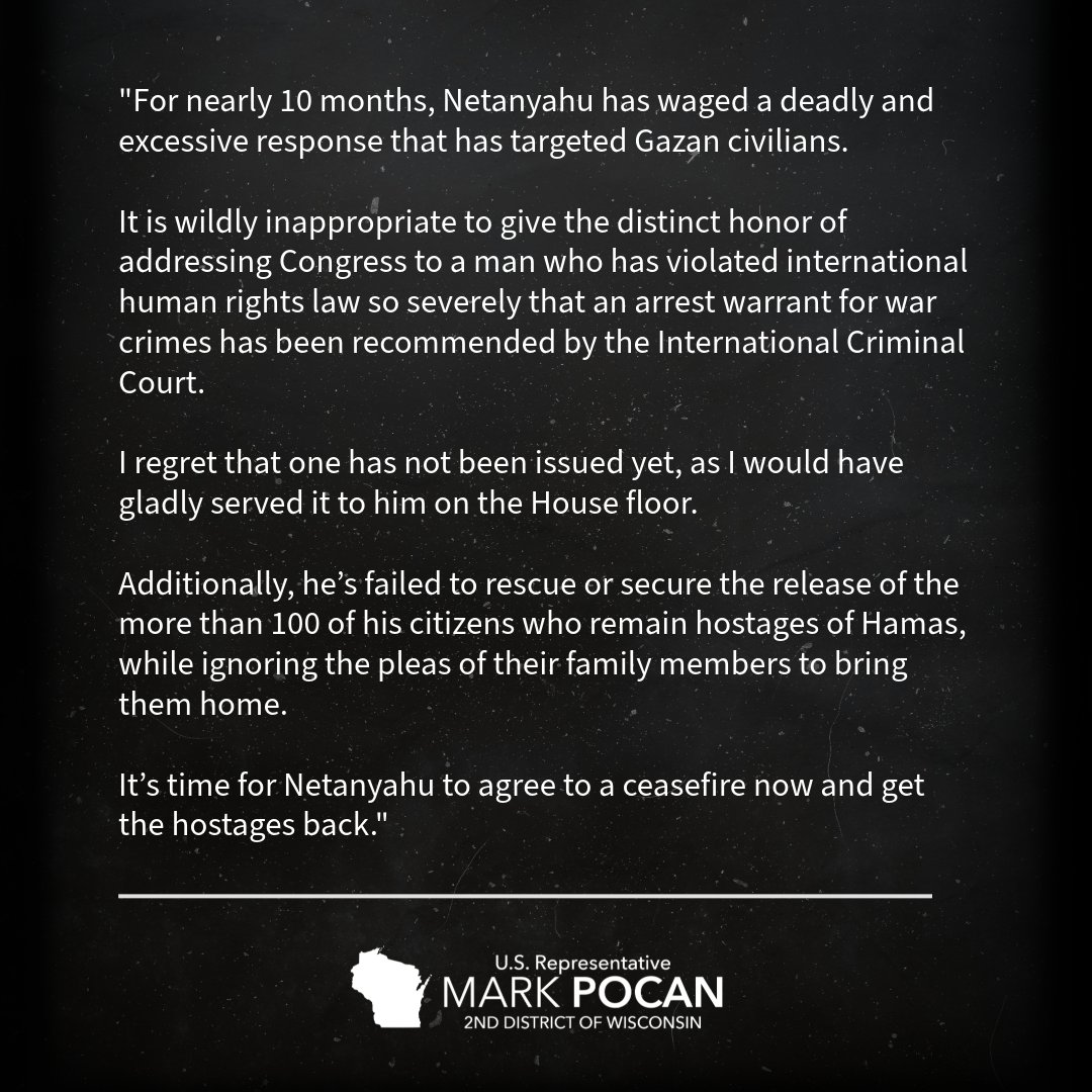 I will not be attending @Netanyahu's speech to Congress. 

I only regret that an arrest warrant for his war crimes has not yet been issued by the ICC, as I would have gladly served it to him on the House floor.

Unfortunately, Netanyahu doesn't stand for peace in the Middle East.