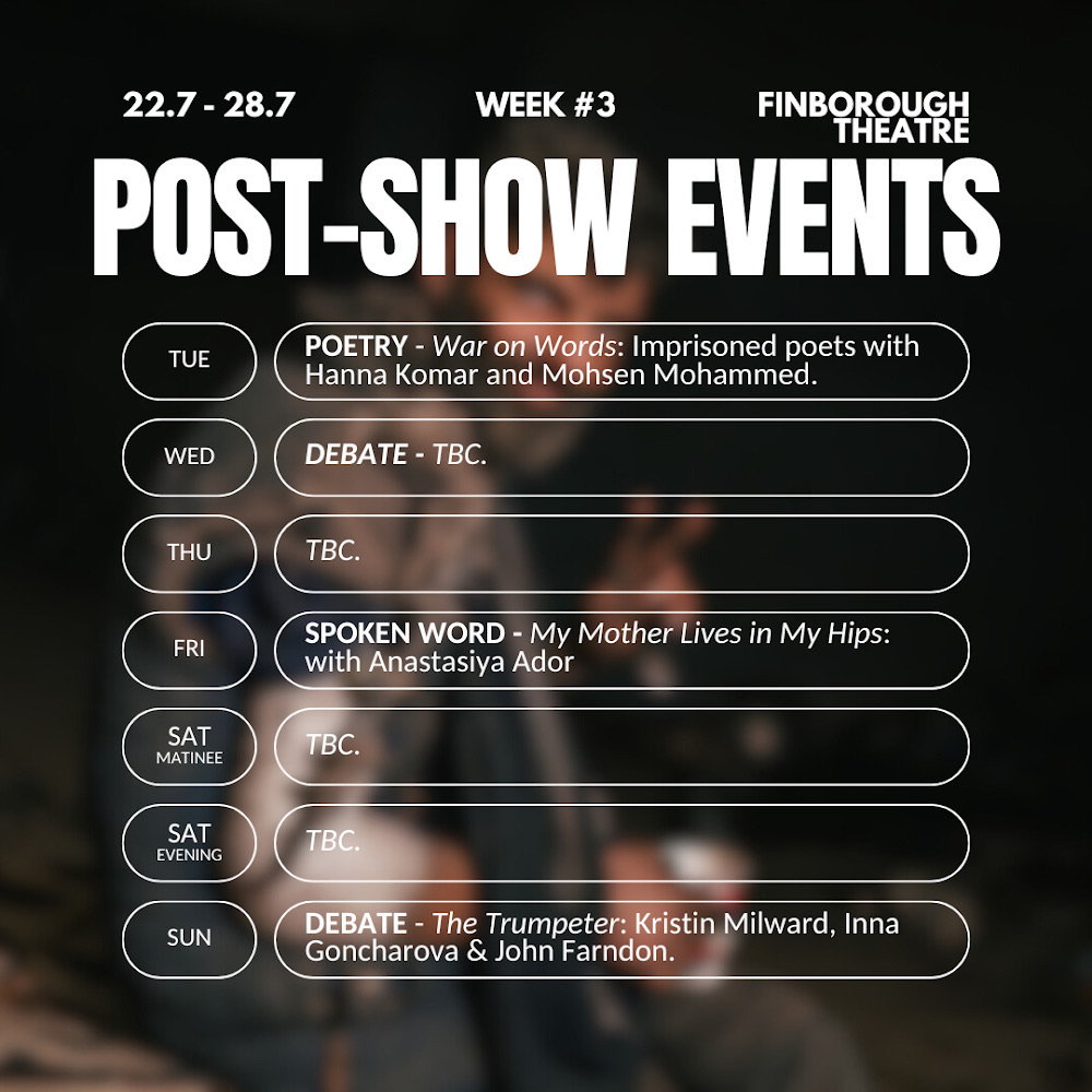 Here are the latest post-show events for the penultimate week of The Trumpeter here at The Finborough! Free to all ticket holders for the related performance of The Trumpeter.

Tickets at finboroughtheatre.co.uk/production/the…  🎉

#LondonTheatre #Ukraine #FringeTheatre #UkrainianArt #WestEnd