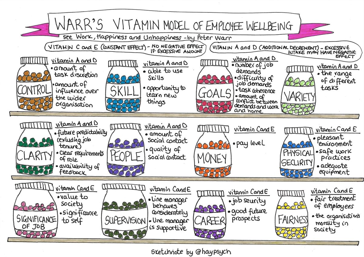 The late Professor Peter Warr was prolific in his research into what makes good workplaces. The Vitamin Model is his best known, and is highly trusted by organisational psychologists as a way of exploring an organisation.

#worklife #culture #sketchnote