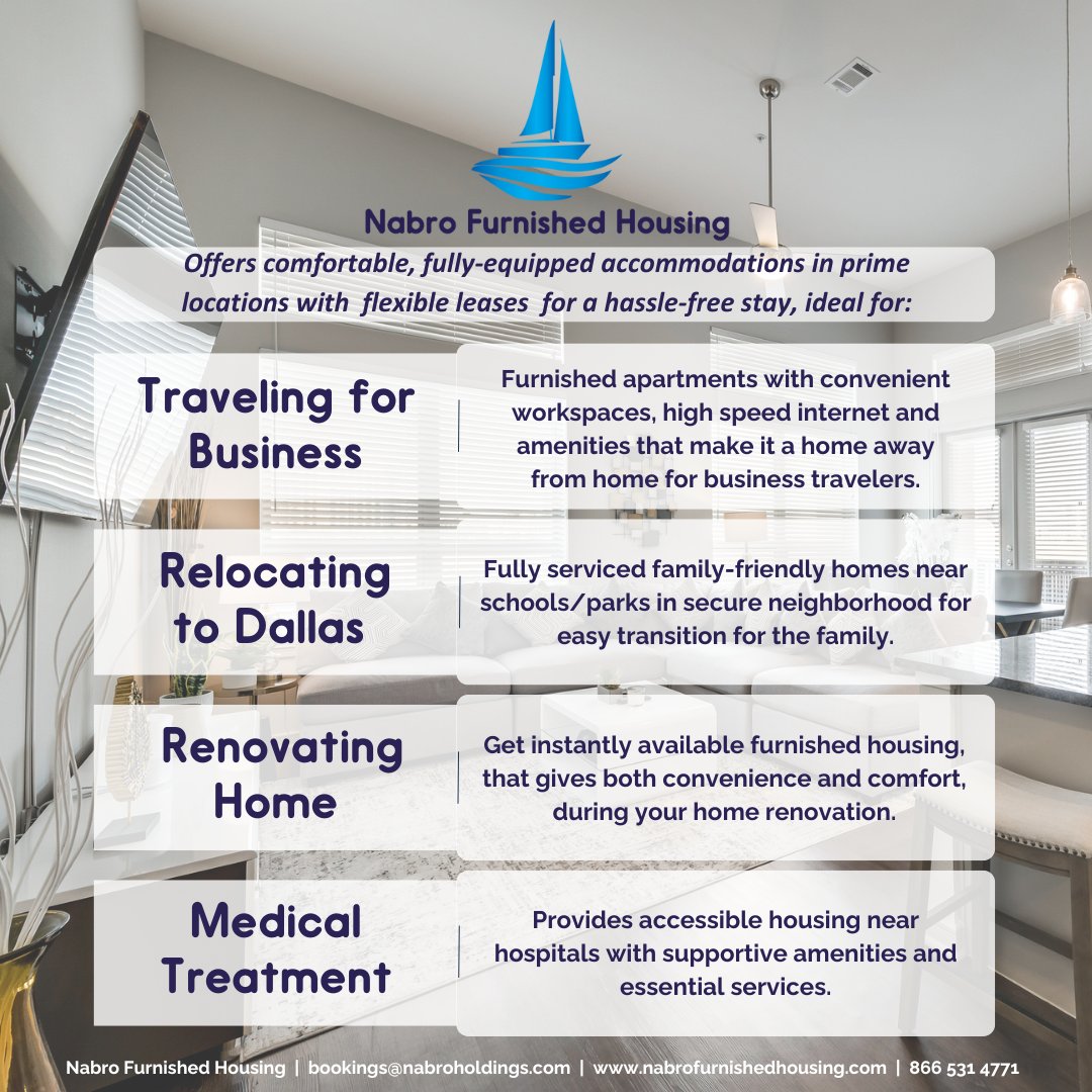 nabrohousing's tweet image. Home away from home in DFW! Whether you&apos;re on a business trip, relocating, renovating, or seeking medical care, our fully furnished housing covers you. Comfort meets convenience in every stay. Discover stress-free living with Nabro Furnished Housing. #ourservices #whatweoffer