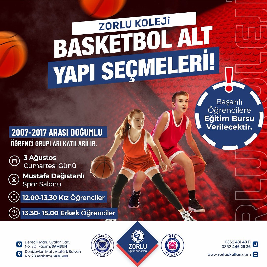 zorluokullar's tweet photo. Zorlu Koleji Basketbol Seçmeleri 3 Ağustos Cumartesi Mustafa Dağıstanlı Spor Salonu'nda ❗
Başarılı Öğrencilere Kurumlarımızda Eğitim Bursu Verilecektir. 
Kız Öğrenciler 12.00 
Erkek Öğrenciler 13.30
İletişim 0541 952 64 62 https://t.co/CdvhlfBSVS