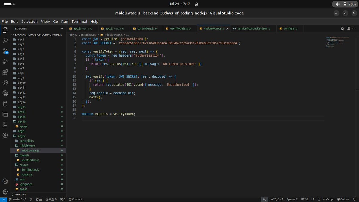 MeshachZakumi's tweet photo. Day 24 of the 30 Days of Code challenge! We are nearing the end. Today, we created a custom middleware. #30DaysOfCode #CodingChallenge #CustomMiddleware #GDSC https://t.co/0uvuFQy0yn