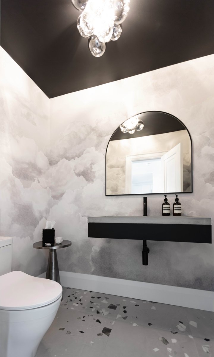 OakvilleKitchen's tweet photo. Beautiful powder room renovation 👏 

@niagaraartcraft (cabinet ‘HP After Dark’ vessel apron) @HouseOfRohl  (Rohl ‘Tenerife’ single lever faucet in matte black finish) 
@TOTOUSA  (Toto ‘Aims’ one piece toilet)
@sstileandstone 
(Schegge Deco Calce 24”x24” floor tile) https://t.co/5LjhJK3m7u