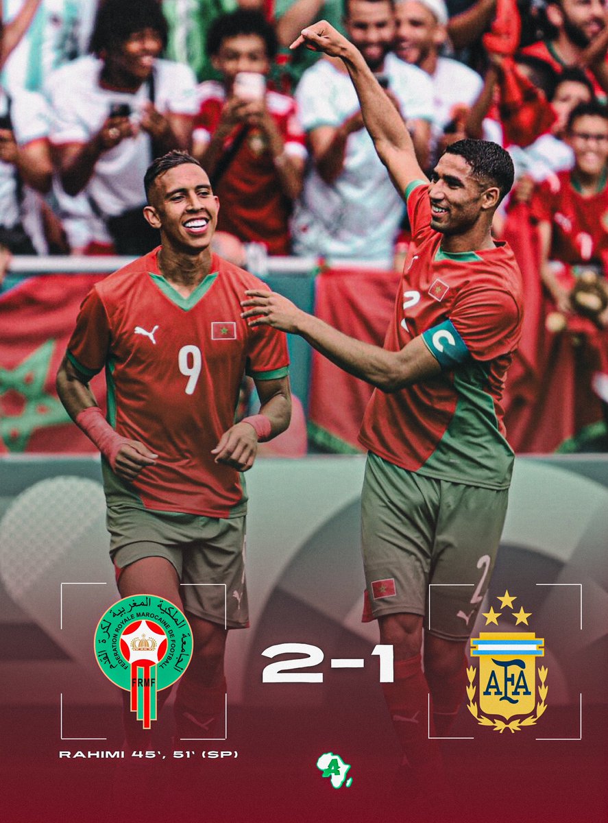 ActuFootAfrique's tweet image. 🚨 Le Maroc 🇲🇦 S’IMPOSE FINALEMENT face à l’Argentine 🇦🇷 (2-1) ! 🌍☝🏽

🎁 𝗖𝗔𝗗𝗘𝗔𝗨. @Argentina