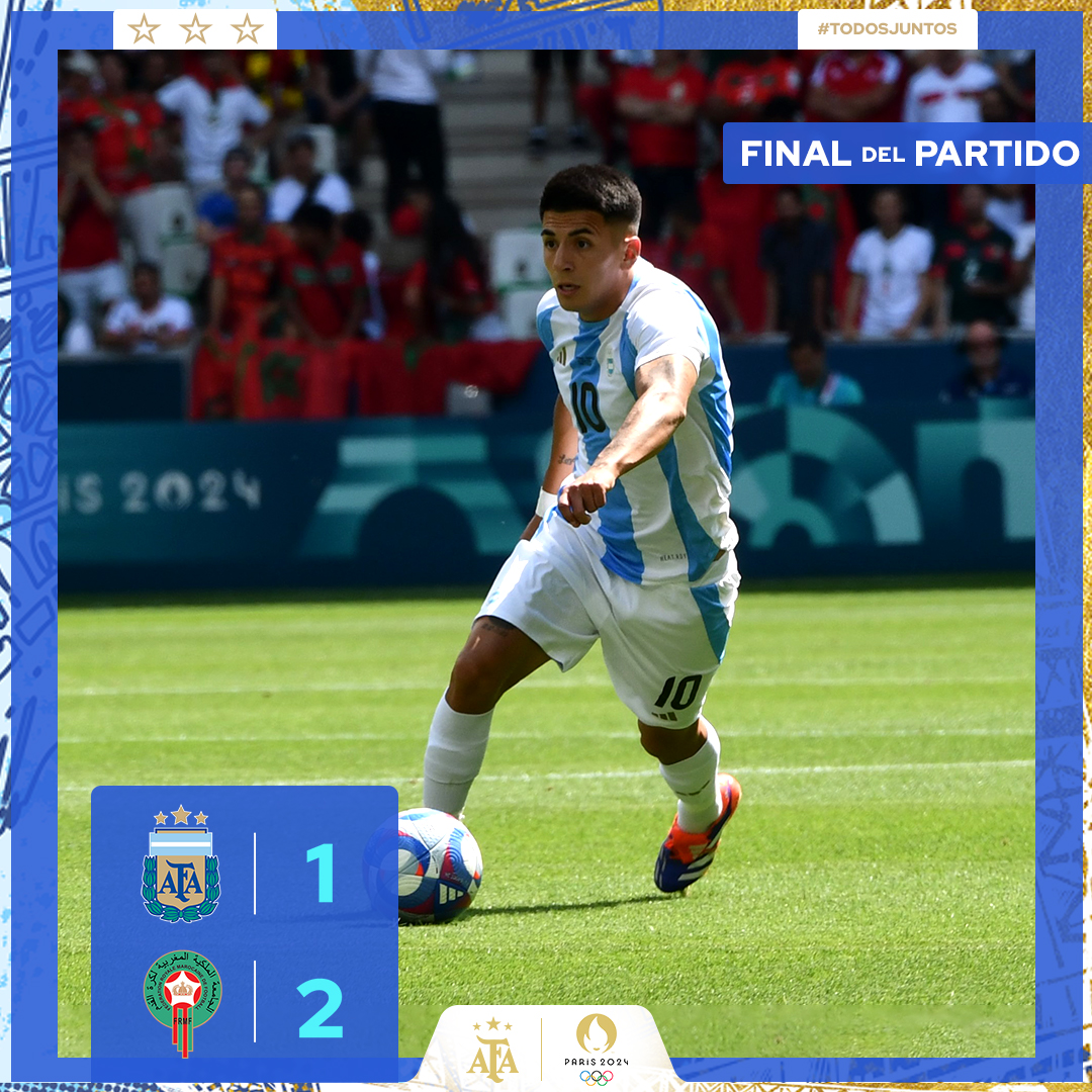 Argentina's tweet photo. 🏆 #JuegosOlímpicos #París2024

⚽ #Argentina 🇦🇷 1 🆚 #Marruecos 🇲🇦 2

⏱ Final del partido https://t.co/QUgH68NN8V