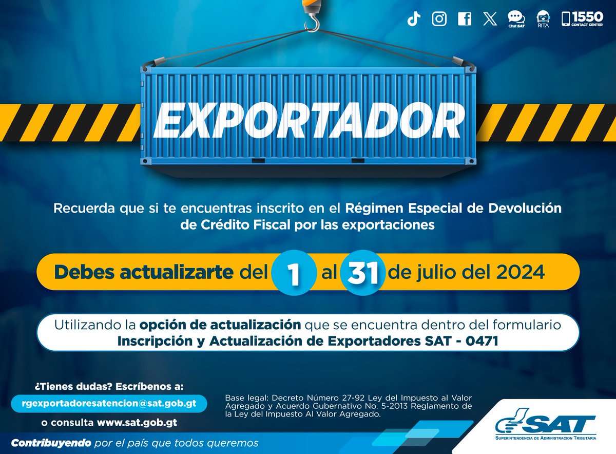 🚨 ¡Atención exportador!

Si estás inscrito en el Régimen Especial de Devolución de Crédito Fiscal por las exportaciones, debes actualizarte del 01 al 31 de julio 2024