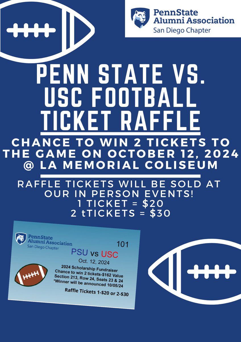 SDPSU's tweet image. Calling all PSU football fans! We will be hosting a ticket raffle for a chance to win 2 tickets for the PSU vs. USC game on 10/12! Tickets are 1 for $20 or 2 for $30! 🏈 Raffle tickets will only be sold at in-person events! 🎟️ Winner will be announced 10/5!