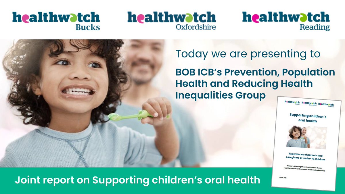HealthwatchOxon (@healthwatchoxon) on Twitter photo Our joint <a href="/HW_Bucks/">Healthwatch Bucks</a> <a href="/HealthwatchRdg/">Healthwatch Reading</a> Core20PLUS5 report on Supporting children’s oral health is being presented at <a href="/nhsbobicb/">NHS BOB ICB</a> 's Prevention, Population Health and Reducing Health Inequalities Group today.
You can read the report here: healthwatchoxfordshire.co.uk/report/support… Our joint <a href="/HW_Bucks/">Healthwatch Bucks</a> <a href="/HealthwatchRdg/">Healthwatch Reading</a> Core20PLUS5 report on Supporting children’s oral health is being presented at <a href="/nhsbobicb/">NHS BOB ICB</a> 's Prevention, Population Health and Reducing Health Inequalities Group today.
You can read the report here: healthwatchoxfordshire.co.uk/report/support…