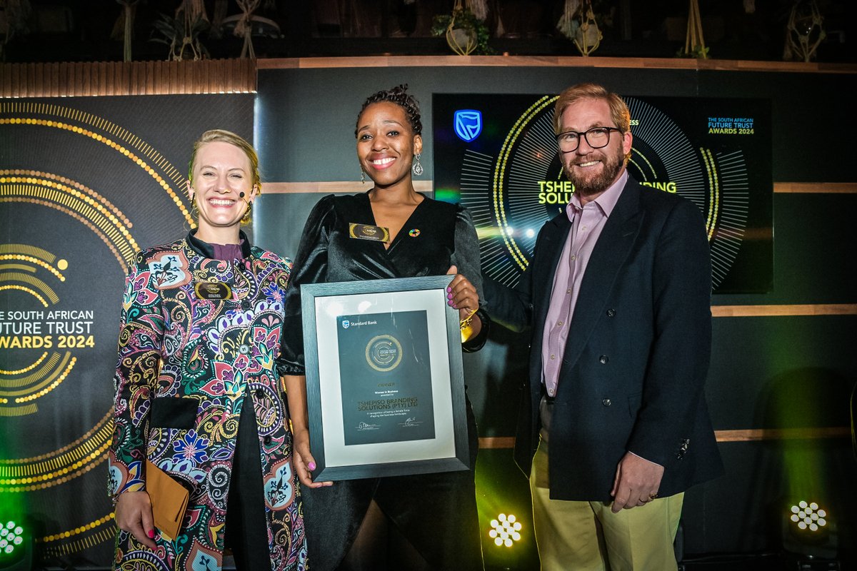 Sustainable branding innovators Tshepiso Branding Solutions, co-founded by Sarah Motshwane Sebetola <a href="/OagengSebetola/">Sarah Motshwane Sebetola</a> , have won the ‘Women in Business’ category, presented in partnership with @standardbankza at the 2024 South African Future Trust Awards. The company is on a