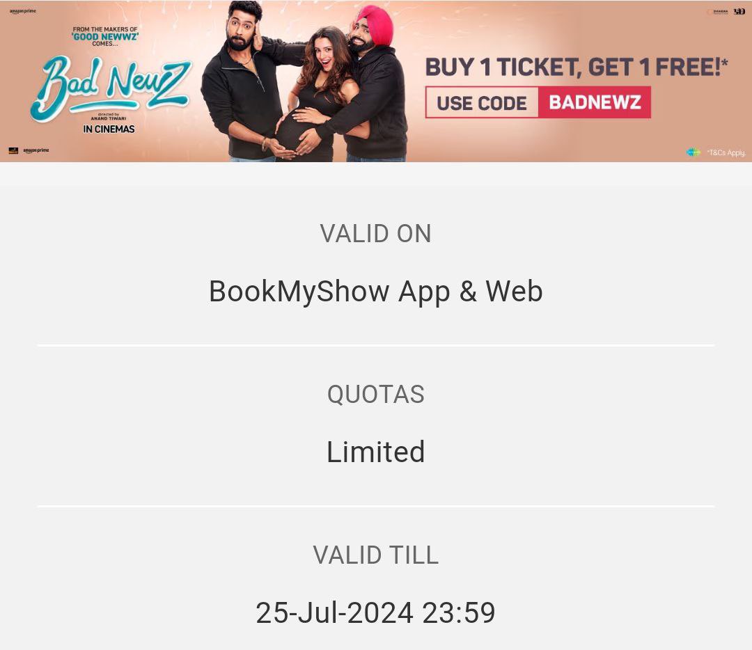 TrickTrackers's tweet photo. BookmyShow : Buy 1 Get 1 Free Tickets “Bad Newz” Hindi Movie
 
https://t.co/LYacPV3Ofm
 
Promo Code : BADNEWZ

Grab Soon Limited Time Only

#OTT_Now #BadNewzMovie #PromoCode #BookMyShow #Offer https://t.co/RO7T2muui6