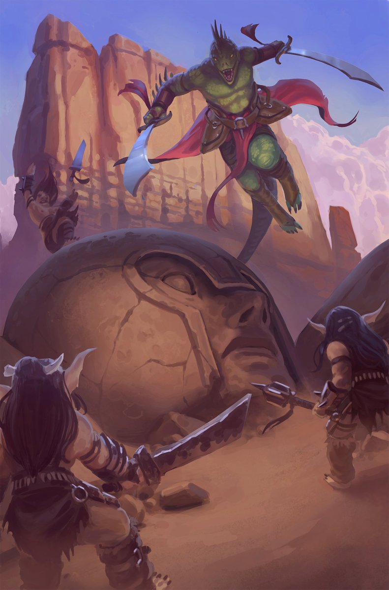 Deep in the Calim Desert a clan of goblins are ambushed by a Lizardfolk  fighter! Here's a painting I've had in my head for awhile and had to get it  out :D, image size:791x1200