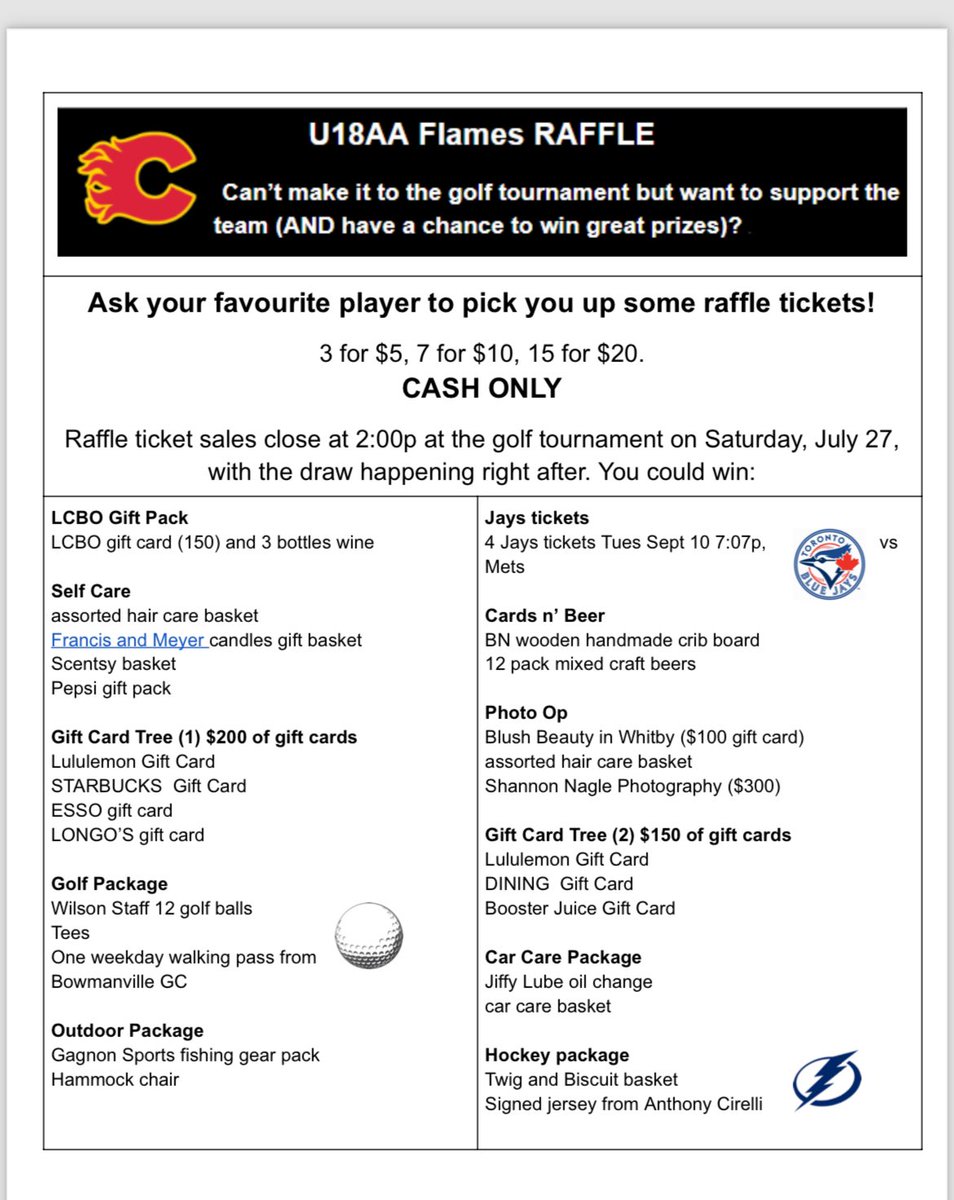 Please consider buying raffle tickets to support Anna‘s team! Draw to happen this Saturday at their golf tournament at Bowmanville golf and country club.