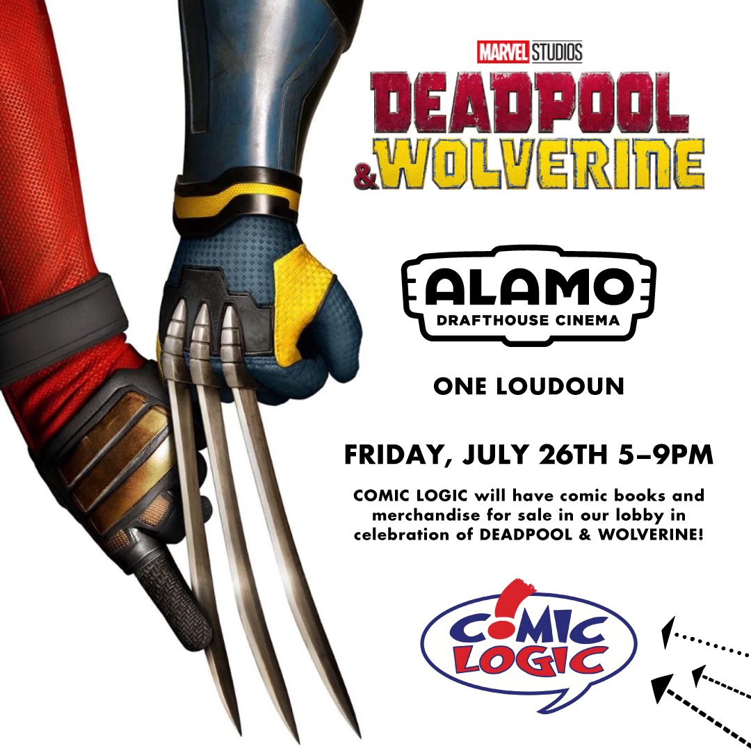 This Friday 7/26 from 5 - 9pm in Ashburn! We’re inviting the REAL heroes at <a href="/comiclogicva/">Comic Logic Books & Artwork</a> to crash our lobby for opening night of Marvel Studios #DeadpoolAndWolverine! Comics for sale and more fun stuff — let’s “come together” to support our friendly neighborhood comic book shop!