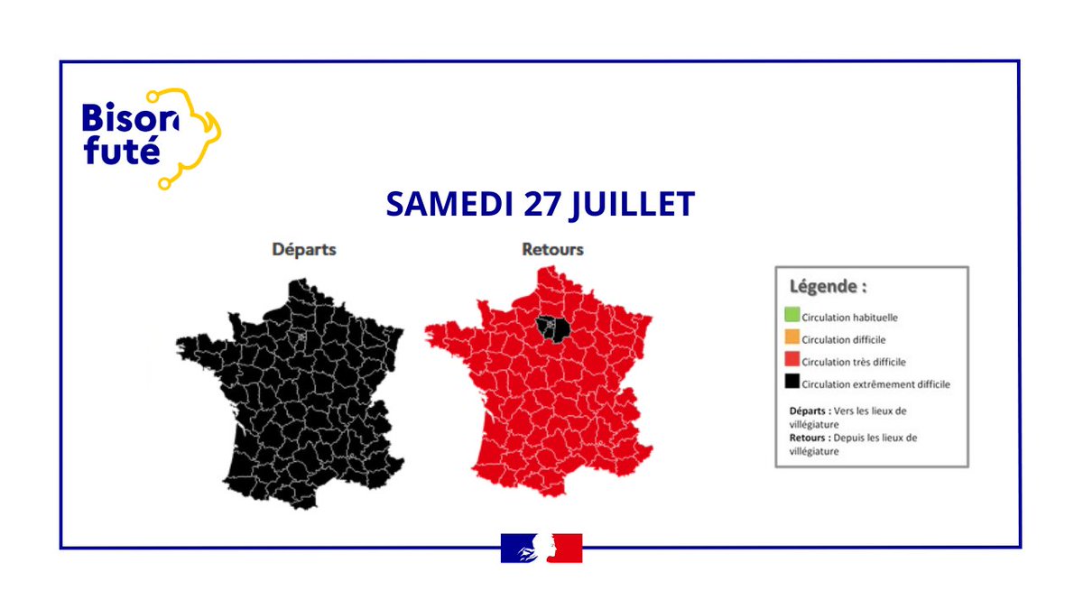 BisonFute_MT's tweet photo. ℹ️#InfoTrafic #weekend 5 #vacances #été (2/2)
Axes extrêmement chargés tout le week-end 
Samedi 27/07 classé noir au niveau national pour le sens des départs et noir en IdF pour le sens des retours
Circulation difficile et très difficile les autres jours➡️https://t.co/vf2PaT8bdJ https://t.co/T8YF95iVux