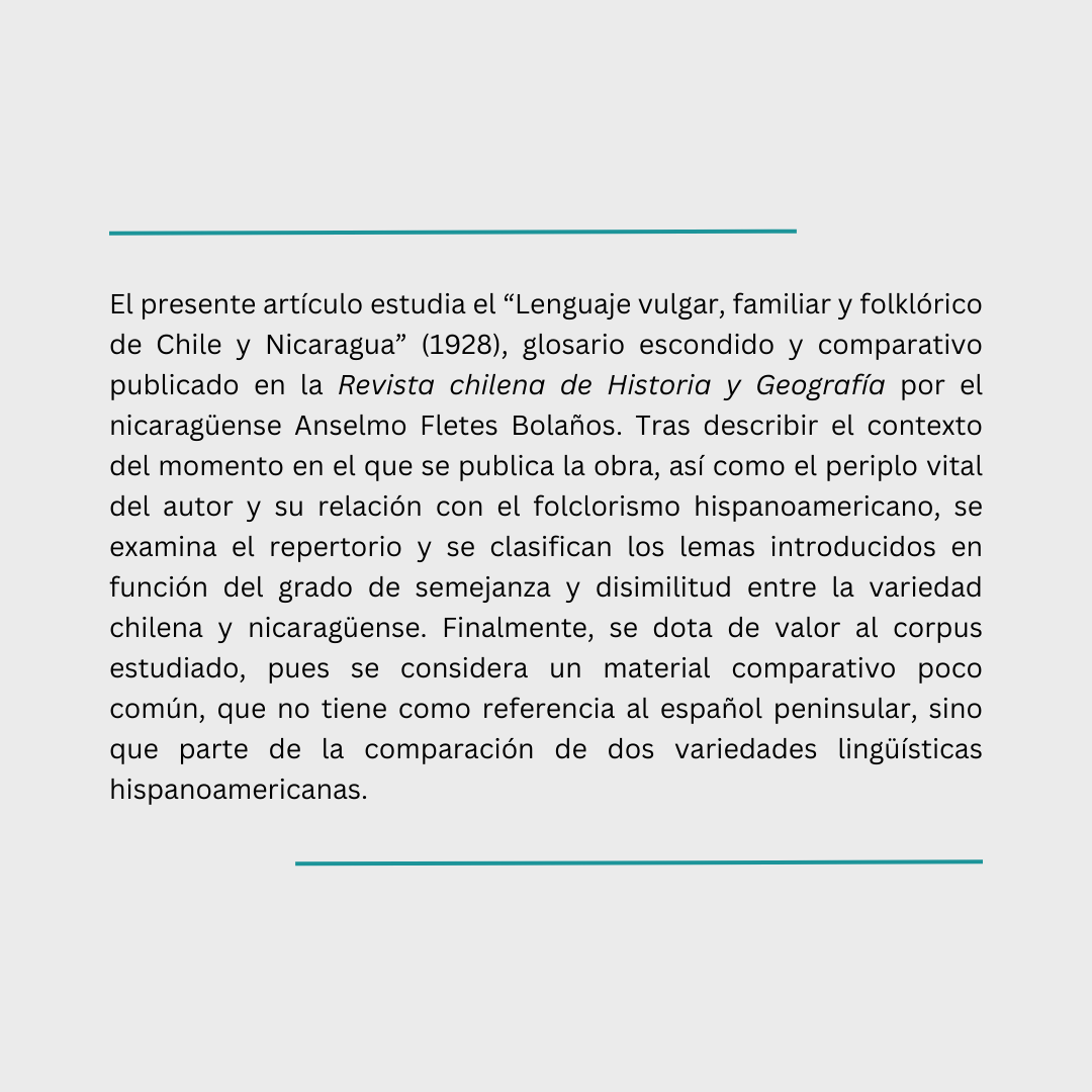 DeFilologia's tweet image. 📌Vol. 50 Núm. 2 (2024)
Les recomendamos el artículo "Estudio del léxico incluido en el glosario escondido de Anselmo Fletes Bolaños: “Lenguaje vulgar, familiar y folklórico de Chile y Nicaragua” (1928)” de Carmen Martín Cuadrado: doi.org/10.15517/rfl.v…
#Nicaragua #Chile #Léxico