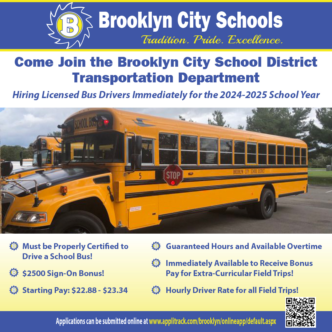 BrooklynSchools's tweet image. Join our Transportation Department team as a bus driver and help drive the mission of the Brooklyn City Schools! 🚍 
Learn more and apply at the link below⬇️

applitrack.com/brooklyn/onlin…