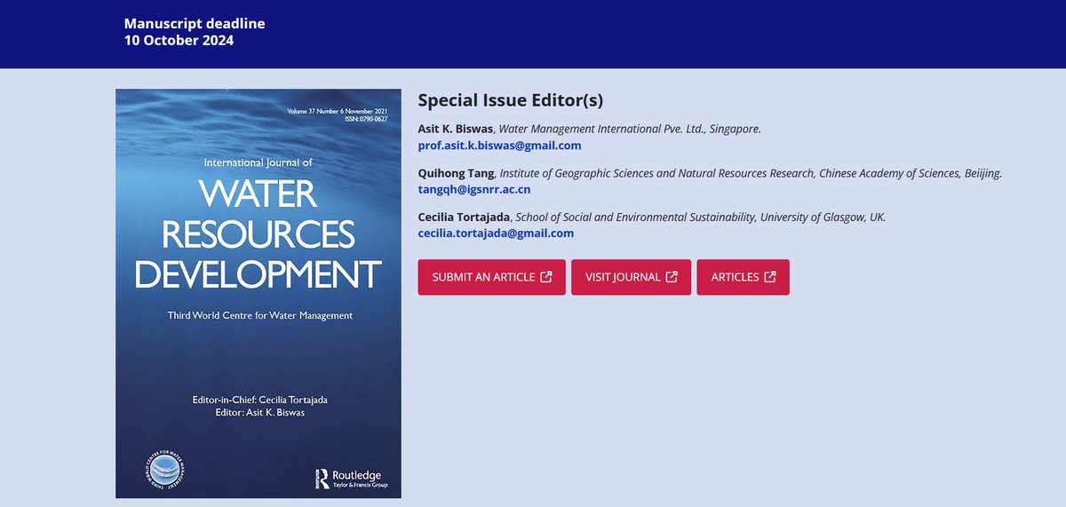 Third World Centre for Water Management (@thewatercentre) on Twitter photo Submit a Manuscript <a href="/WRDwatermatters/">Water Resources Dvlp</a> For a Special Issue on #China’s #Water Challenges: Present and Future - Special Issue Honouring Academician Liu Changming <a href="/CtortajadaQ/">Cecilia Tortajada</a> <a href="/asitkbiswas/">Asit Biswas</a> More information bit.ly/4bX0JtJ Submit a Manuscript <a href="/WRDwatermatters/">Water Resources Dvlp</a> For a Special Issue on #China’s #Water Challenges: Present and Future - Special Issue Honouring Academician Liu Changming <a href="/CtortajadaQ/">Cecilia Tortajada</a> <a href="/asitkbiswas/">Asit Biswas</a> More information bit.ly/4bX0JtJ