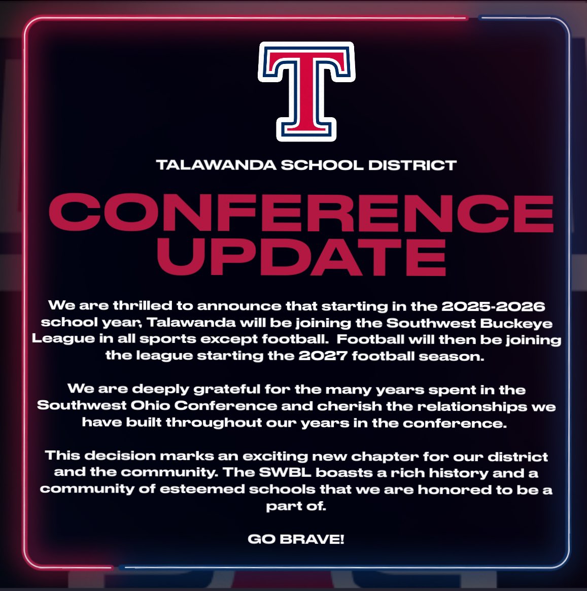Talawanda Athletic Dept. (@ths_brave) on Twitter photo 🚨 The 2024-2025 athletic season will be Talawanda’s last year in the SWOC.
<a href="/talawanda/">Talawanda Schools</a> <a href="/TalawandaHS/">Talawanda HS</a> <a href="/SWBLSPORTS/">Southwestern Buckeye League</a> <a href="/MikeDyer/">Mike Dyer</a> @BCHSSReport <a href="/SWOSportsDaily/">Southwest Ohio Sports Daily</a> <a href="/swocsports/">SWOC Sports</a> 🚨 The 2024-2025 athletic season will be Talawanda’s last year in the SWOC.
<a href="/talawanda/">Talawanda Schools</a> <a href="/TalawandaHS/">Talawanda HS</a> <a href="/SWBLSPORTS/">Southwestern Buckeye League</a> <a href="/MikeDyer/">Mike Dyer</a> @BCHSSReport <a href="/SWOSportsDaily/">Southwest Ohio Sports Daily</a> <a href="/swocsports/">SWOC Sports</a>