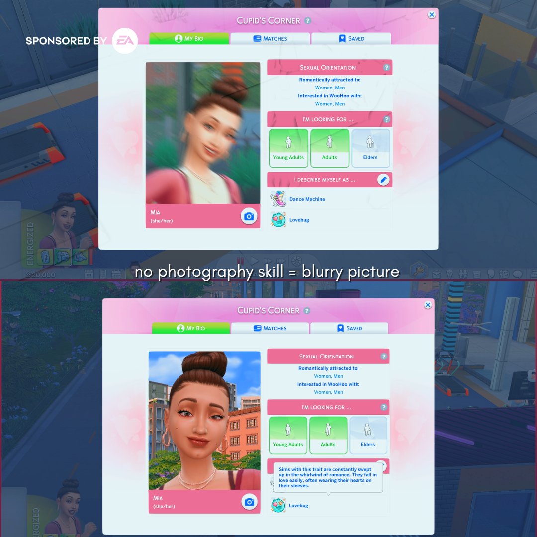 t0nischwartz's tweet image. so here&apos;s a cute little feature I discovered: if your sim has no photography skill, their profile picture keeps coming out blurry! once your sim gets the photography skill, their pictures come out better 📸 #EAPartner #TheSims4Lovestruck