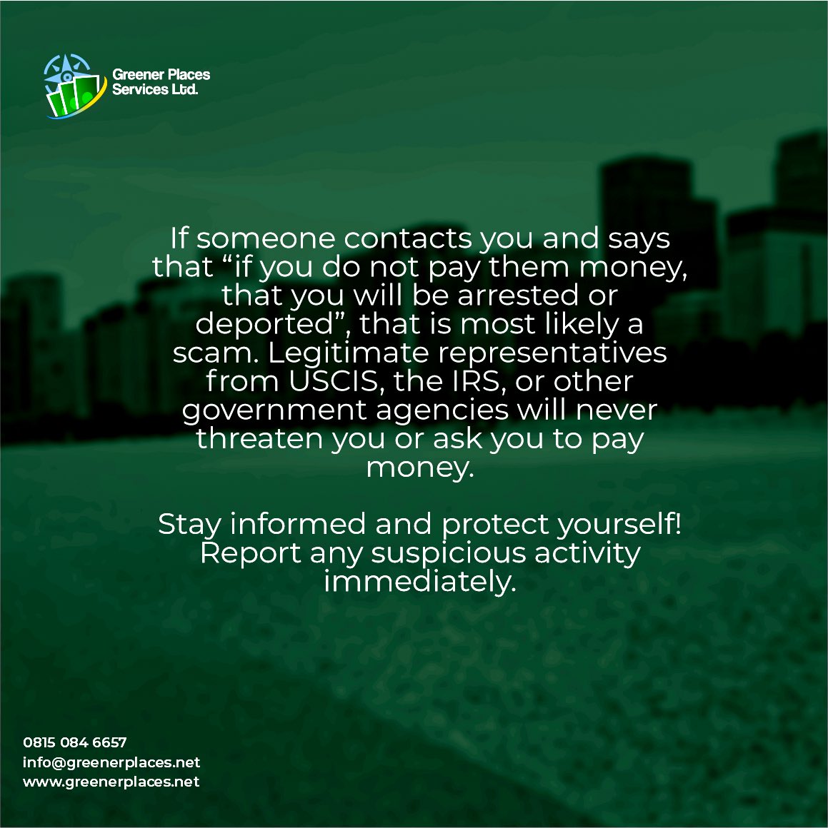 PlacesGreener's tweet image. If someone says 'Pay me or get deported,' it's a RED FLAG! USCIS never demands payment for benefits. Beware of scams and report suspicious activity!

#ImmigrationScam #StaySafe #KnowYourRights #USCIS #FightFraud
