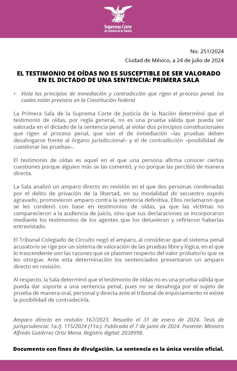 La #PrimeraSalaSCJN estableció que el testimonio de oídas no constituye una prueba válida que soporte una sentencia penal, al contravenir los principios de inmediación y contradicción.
bit.ly/4dfW3Ao